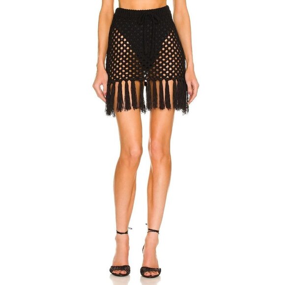 LPA Zene Fringe Mini Skirt in Black Small New Swim Crochet Cover up - Picture 1 of 8